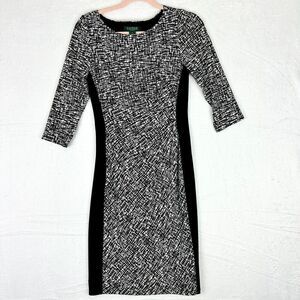 Lauren Ralph Lauren Ruched Side Colorblock Dress Size 4 3/4 Sleeve Black White